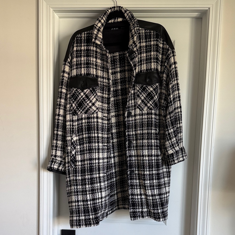 Zara Black & White Tweed Oversized Shirt Jacket with Faux Leather Trim